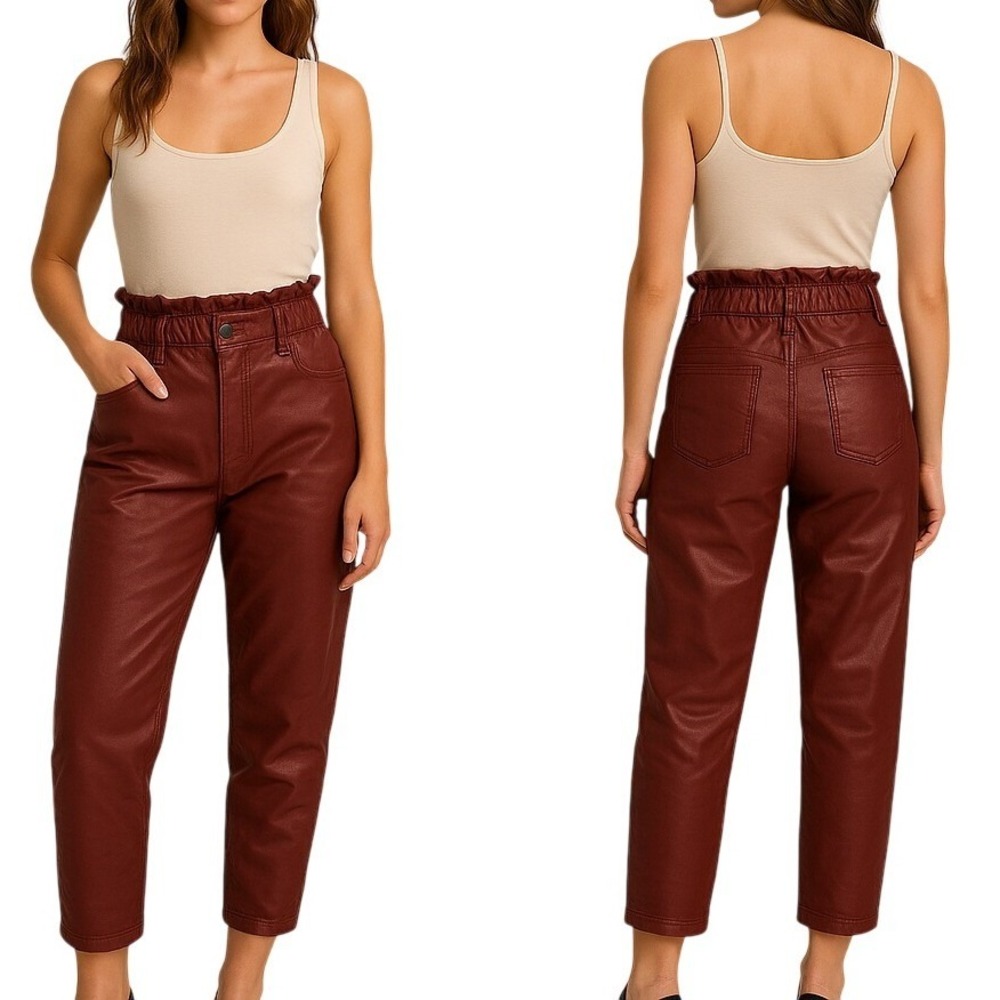 Zara Maroon Paperbag Waist Coated Tapered Pants‎ High Rise Small